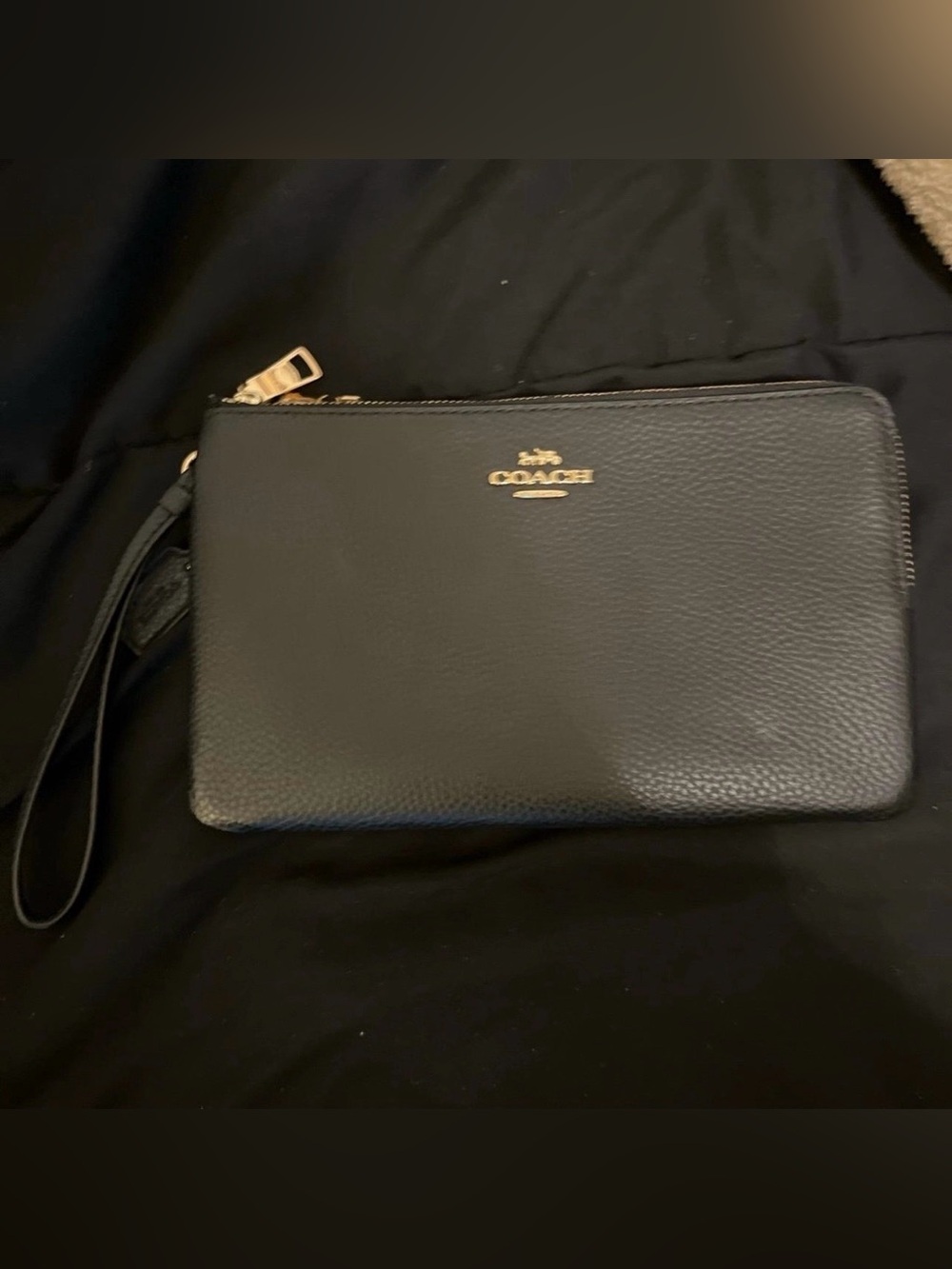 Coach Black Pebbled Leather Zip Wristlet with Gold Logo